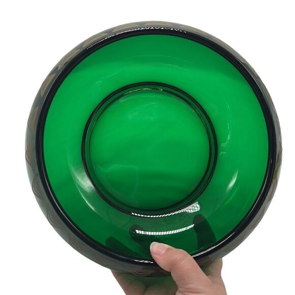 Dalzell Viking Bowl Vintage Green Glass Gold Triangles Hollywood Regency Heavy - Picture 3 of 12